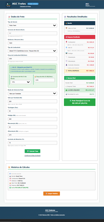 Interface da Calculadora AGC Frete